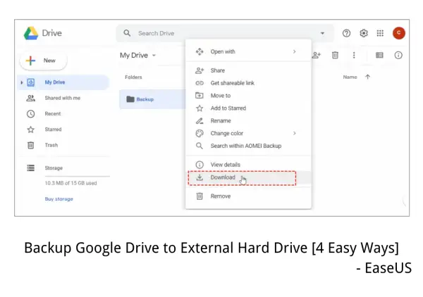 Google Drive interface showing a dropdown menu with "Download" highlighted, illustrating how to transfer Google Photos to an external hard drive.