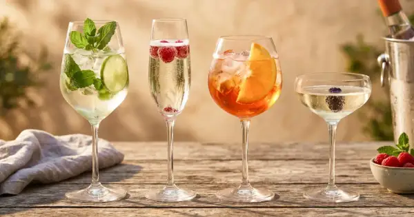 Cztery drinki na drewnianym stole: jeden z limonką i miętą, drugi z malinami, trzeci z pomarańczą, a czwarty z jeżyną. Idealne na letnie popołudnie, w tym orzeźwiający prosecco drink.