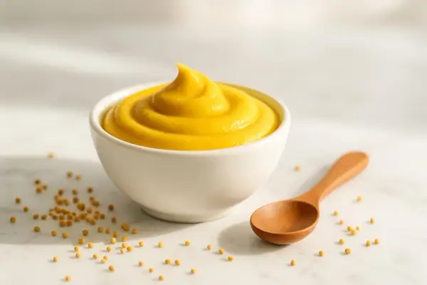 Una ciotola di senape gialla cremosa, con semi sparsi e un cucchiaio di legno. Attenzione, la senape fa ingrassare se consumata in eccesso!