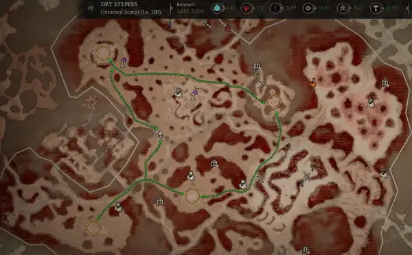 Karte von Dry Steppes mit einer grünen Route, die durch die Helltide führt. Symbole zeigen Orte und Ziele.