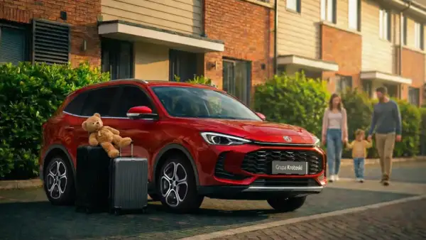 Czerwone auto MG gotowe na podróż. Na walizkach siedzi miś, a w tle rodzina z dzieckiem.