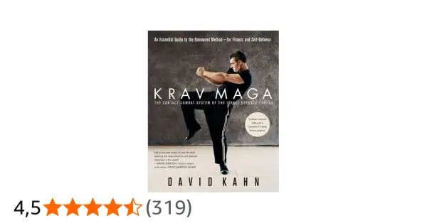 Omslag till boken "Krav Maga" av David Kahn, med en man i en försvarsställning. Boken lär ut självförsvar och träning.