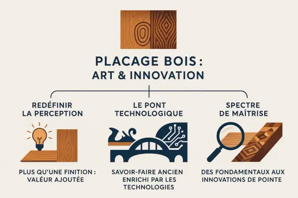 Illustration conceptuelle sur le placage bois : art et innovation. Un collage sur bois met en avant la perception, le savoir-faire et la maîtrise.