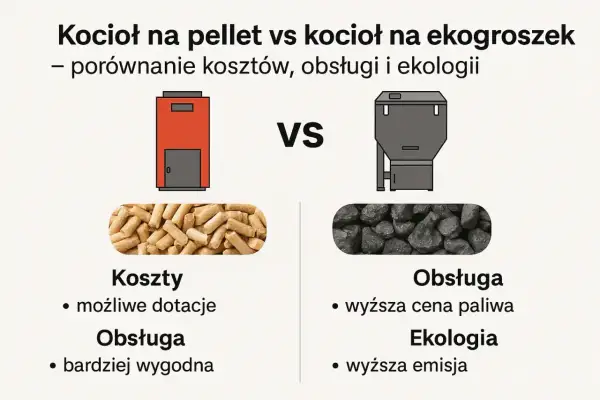 Porównanie kotłów: pellet vs ekogroszek. Pellet to wygodniejsza obsługa i dotacje, ekogroszek to wyższa cena paliwa i emisja.