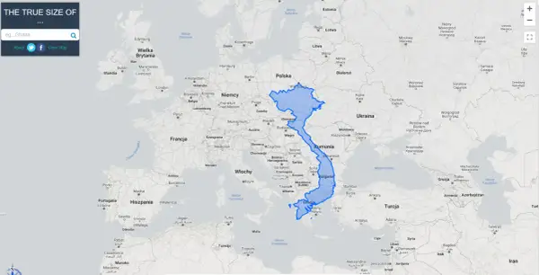 Powierzchnia Wietnamu porównana z Europą. Widać, jak duży jest Wietnam w stosunku do Polski i innych krajów.