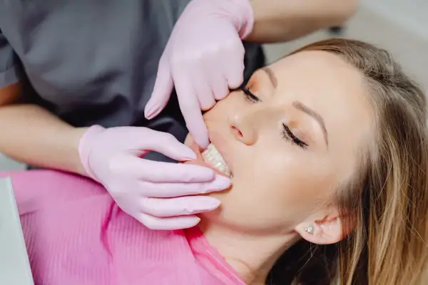 Dentysta w różowych rękawiczkach bada zęby pacjentki, aby zapobiec kruszeniu się zębów.