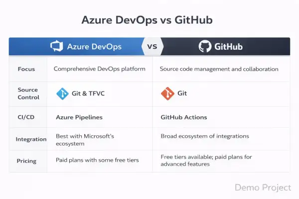 Tableau comparatif Azure DevOps vs GitHub, mettant en avant le focus, le contrôle source (Git), CI/CD, intégration et prix. Le **GitHub licence** est un élément clé pour les projets.