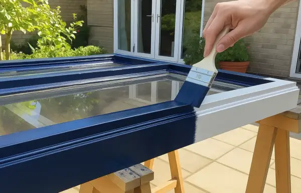 Main d'une personne peignant une fenêtre en bois déjà peinte avec une peinture bleu marine.