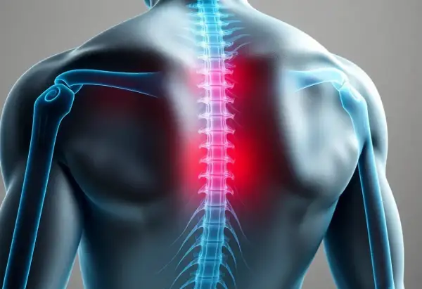 Illustration av en rygg med rödmarkerad muskelinflammation skulderblad.