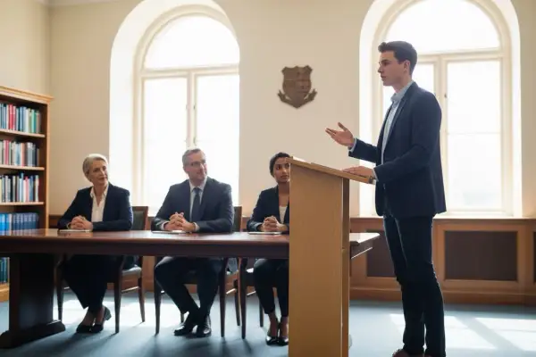 Młody mężczyzna przemawia przy mównicy, podczas gdy komisja oceniająca słucha, jakby zadawała przykładowe pytania na obronie pracy licencjackiej.