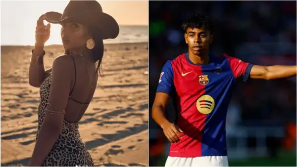 Lamine Yamal, młoda dziewczyna w kapeluszu kowbojskim na plaży i młody piłkarz w koszulce FC Barcelony.