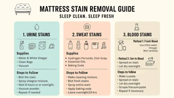 Mattress stain removal guide: what to clean mattress with for urine, sweat, and blood stains. Includes supplies like vinegar, hydrogen peroxide, and baking soda.