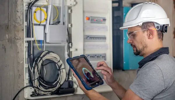 Elektryk w kasku i okularach ochronnych wykonuje przegląd instalacji elektrycznej, korzystając z tabletu z aplikacją diagnostyczną.