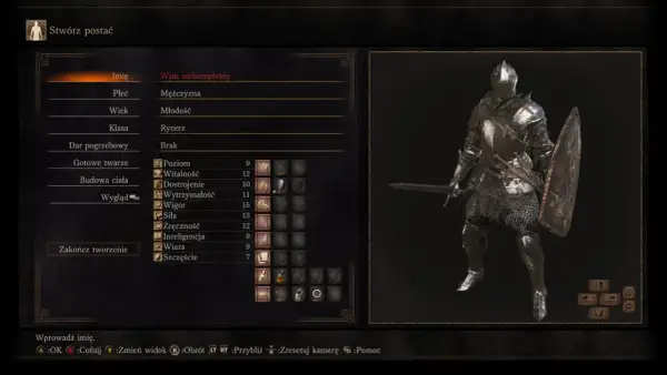 Postać w zbroi rycerza w Dark Souls 3. Ekran tworzenia postaci, gdzie można wybrać przymierza i statystyki.
