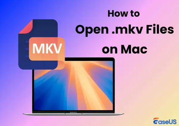 Learn how to open MKV files on Mac with this guide. An MKV file icon hovers over a MacBook Air displaying a colorful wallpaper.