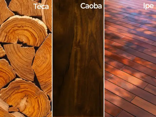 Teca, caoba e ipe: maderas blandas y duras con texturas y tonos variados, ideales para proyectos de construcción y decoración.