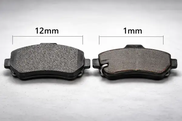 Comparaison de deux plaquettes de frein : une neuve de 12mm et une usée de 1mm.