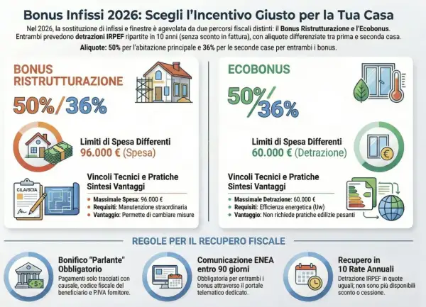 Bonus Infissi 2026: confronto tra Bonus Ristrutturazione ed Ecobonus, con detrazioni IRPEF e aliquote per ottenere uno sgravio fiscale.
