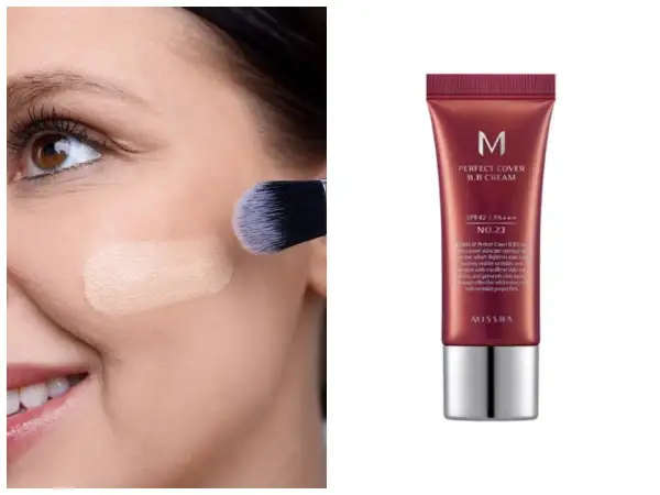 Krem BB Missha Perfect Cover przed i po aplikacji pędzlem. Efekt wygładzonej cery.