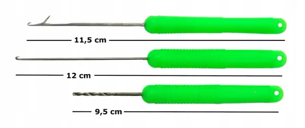 Trzy igły do kulek proteinowych: z haczykiem (11,5 cm), prosta (12 cm) i wiertło (9,5 cm).
