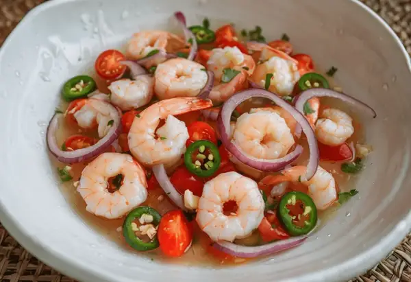 Un refrescante ceviche de gambas con tomate, cebolla morada y jalapeño en un cuenco blanco.