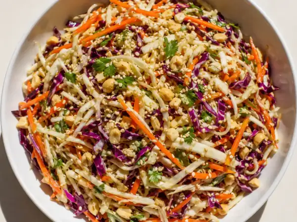 En fräsch kålsallad med morötter, nötter och sesamfrön. Perfekt som tillbehör, och med rätt sesamolja hållbarhet kan den njutas länge.
