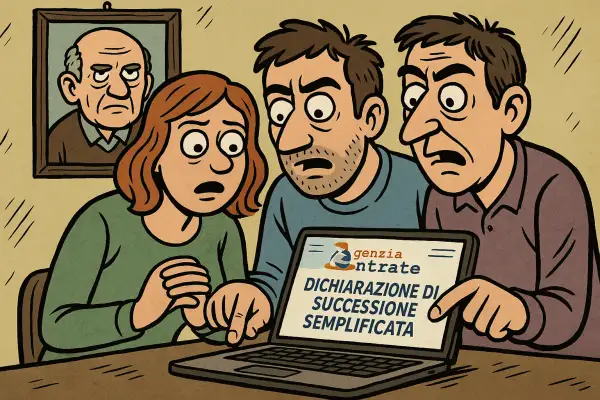 Tre persone guardano un laptop con "Dichiarazione di successione semplificata" scritto sullo schermo. Sembrano preoccupati, forse si chiedono se si può fare la successione da soli.