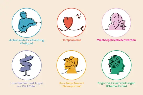 Grafik zeigt 6 Kreise mit Symbolen: Erschöpfung, Herzprobleme, Wechseljahresbeschwerden, Unsicherheit, Knochenschwund, Chemo-Brain. Diese können Teil von adjuvante chemotherapie erfahrungen sein.