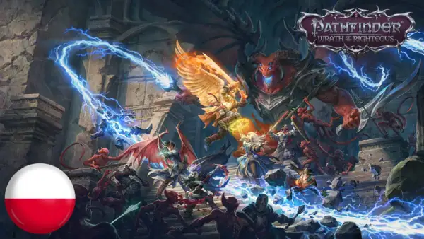 Bitwa bohaterów z demonami w grze Pathfinder: Wrath of the Righteous. Polska flaga w rogu.