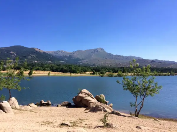 Tranquilo embalse de Navacerrada con montañas al fondo y rocas en la orilla.