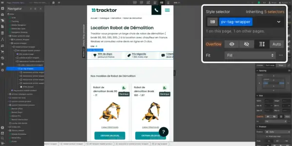 Le panneau de style montre les options pour le wrapper `pv-tag-wrapper`, avec `overflow` réglé sur "Auto" pour gérer le contenu qui dépasse.