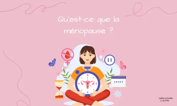 Une femme au centre, entourée de symboles de la ménopause : horloge, calendrier, sablier, et un signe d'interdiction de règles. La question "Qu'est-ce que la ménopause ?" est affichée.