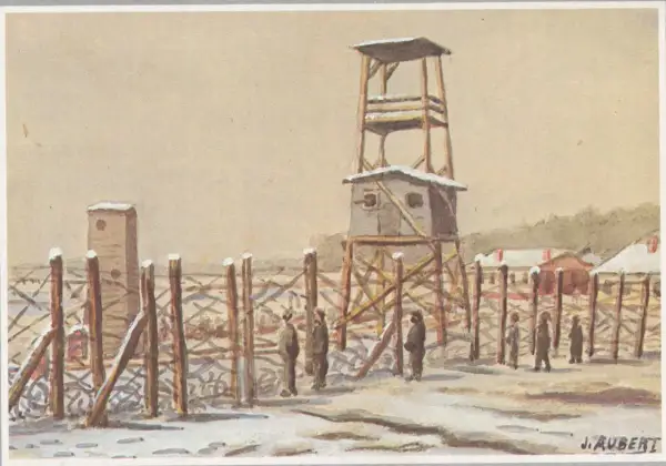 Camp d'internement en hiver. Une tour de garde domine. Ce lieu rappelle la liste des morts pour la France 39-45 par commune.