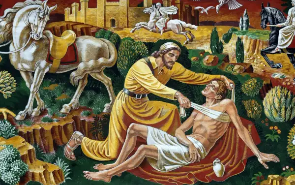 Miłosierny Samarytanin opatruje rannego. Obok stoi koń, w tle widać zamek i innych podróżnych.