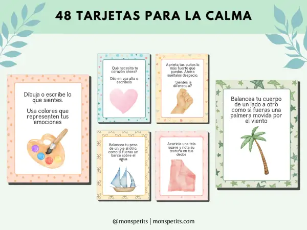 Conjunto de tarjetas de emociones para la calma, con ilustraciones de una paleta de pintor, un corazón, un puño, un velero, una tela y una palmera.