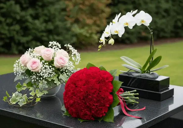 Nowoczesne stroiki na cmentarz: bukiet czerwonych goździków, różowe róże z gipsówką i biała orchidea na czarnym tle.