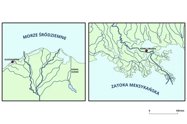 Dwa mapy: jedna pokazuje ujście Nilu do Morza Śródziemnego z Aleksandrią i Kanałem Sueskim, druga ujście Missisipi do Zatoki Meksykańskiej z Nowym Orleanem.