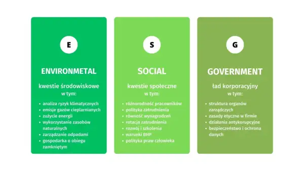 Wyjaśnienie ESG: kwestie środowiskowe (E), społeczne (S) i ład korporacyjny (G).