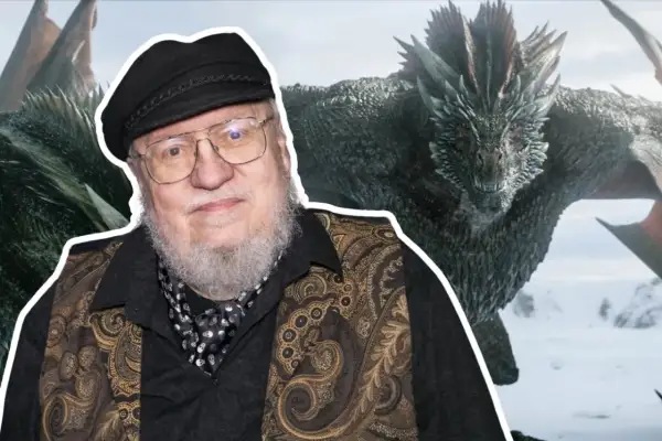 George R.R. Martin na tle smoka.