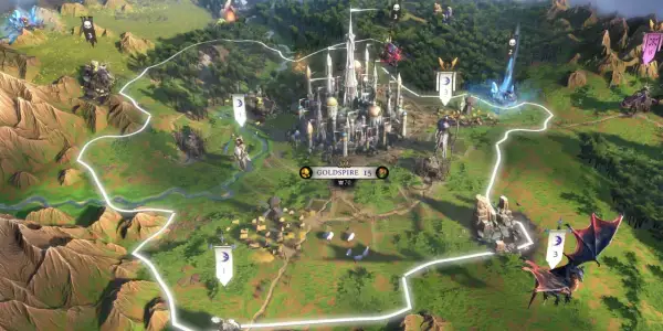 Mapa strategiczna z gry **Age of Wonders**. W centrum majestatyczny zamek Goldspire, otoczony zielonymi terenami, lasami i górami. Widać jednostki, flagi i punkty kontrolne.