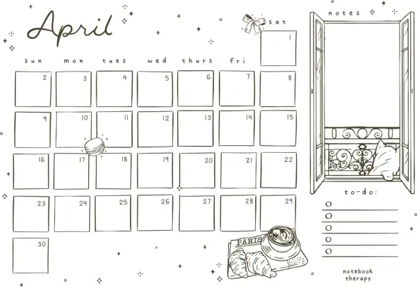 Calendario del mes de abril con un diseño de estilo boceto, que incluye un espacio para notas y una lista de tareas.