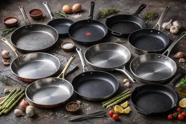 En samling stekpannor, redo för att steka med solrosolja. Ingredienser som sparris, vitlök och citron ligger utspridda.