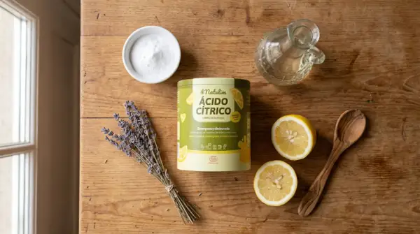 Ingredienti per un detersivo lavatrice fatto in casa: acido citrico, bicarbonato, lavanda, limoni e un cucchiaio di legno.