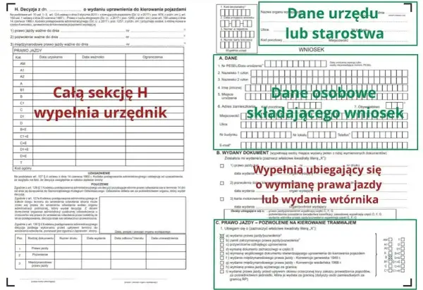 Wniosek o wydanie prawa jazdy lub pozwolenia, wypełniany przez urząd lub starostwo. Sekcja H dotyczy danych urzędowych, a sekcja A danych osobowych wnioskodawcy. Wniosek może dotyczyć wymiany prawa jazdy lub wydania wtórnika.