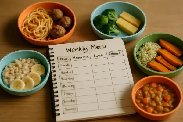 Zdrowe posiłki dla 11-miesięcznego dziecka: kaszka z bananem, klopsiki ze spaghetti, warzywa i owoce. Planowanie posiłków ułatwia dbanie o dietę malucha.