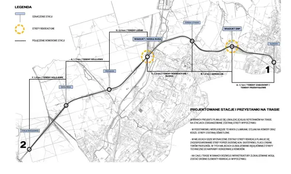 Mapa projektowanych ścieżek rowerowych w Rybniku z zaznaczonymi stacjami, terenami rekreacyjnymi i połączeniami.