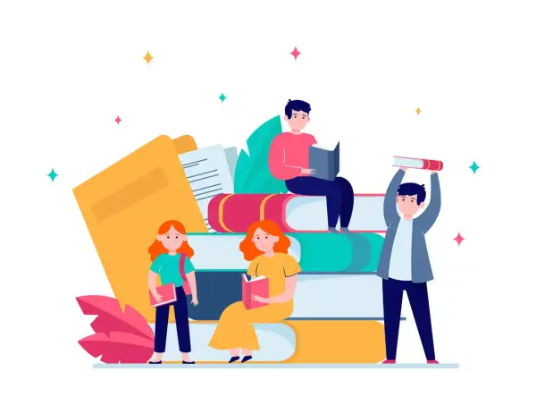 Jóvenes aprendiendo con libros apilados, fomentando la comprensión lectora online.