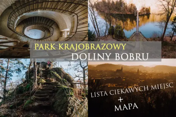 Park krajobrazowy Doliny Bobru: kręte schody, kamieniołom z jeziorem, skalne ścieżki i panorama miasta.