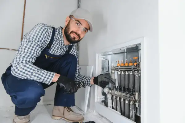 Instalator sprawdza jakie przepływy na rotametrach w rozdzielaczu ogrzewania podłogowego.