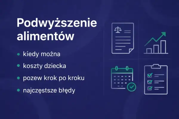 Wniosek o podwyższenie alimentów: kiedy można, koszty dziecka, pozew krok po kroku i najczęstsze błędy. Ikony dokumentu, wykresu, kalendarza i listy kontrolnej.
